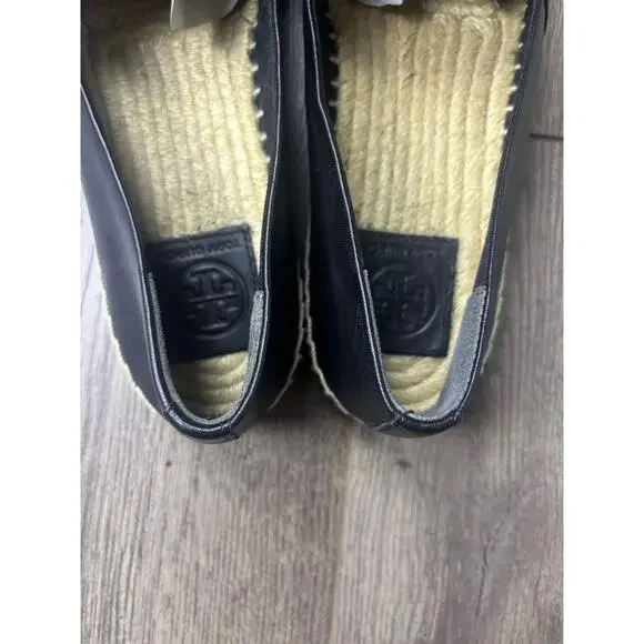 Tory Burch Espadrille Flats Black Leather Logo Size 8.5 Casual Slip On - Picture 6 of 6